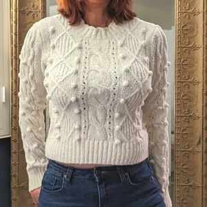 Retro Inspired Ivory Cable Pom-pom Sweater Top ~ EUC
